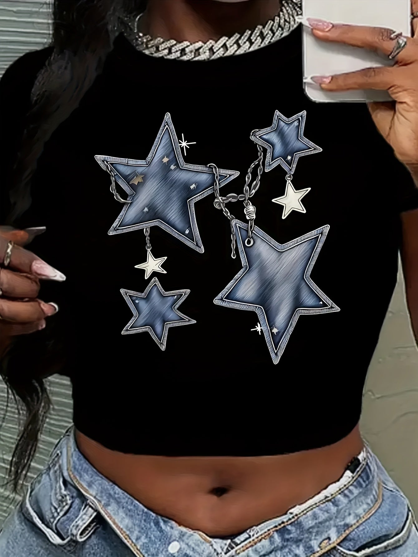Y2K-Inspired Black Crop Top T-Shirt with Blue Denim Star Pattern & Chain Detail - Slim Fit, Short Sleeve, Round Neck - Perfect for Spring & Summer Casual Wear for Women and